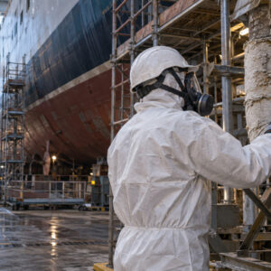 Operatore con dispositivi di protezione amianto durante il controllo di tubazioni in un cantiere navale.
