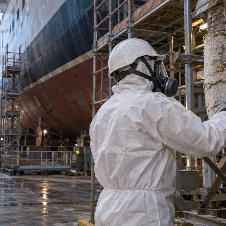 Operatore con dispositivi di protezione amianto durante il controllo di tubazioni in un cantiere navale.