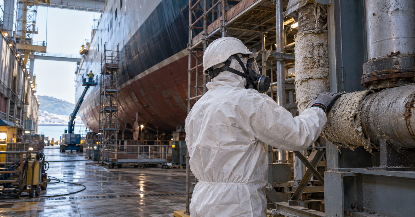 Operatore con dispositivi di protezione amianto durante il controllo di tubazioni in un cantiere navale.