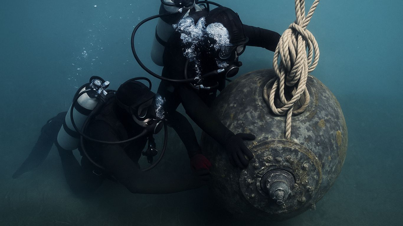 Due palombari della Marina Militare fissano sott’acqua una mina navale utilizzando funi, immersi in un ambiente marino con attrezzature da immersione e bolle d’aria visibili.